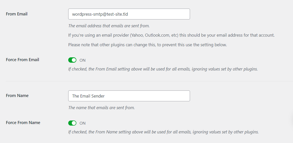 screenshot of WordPress dashboard SMTP settings