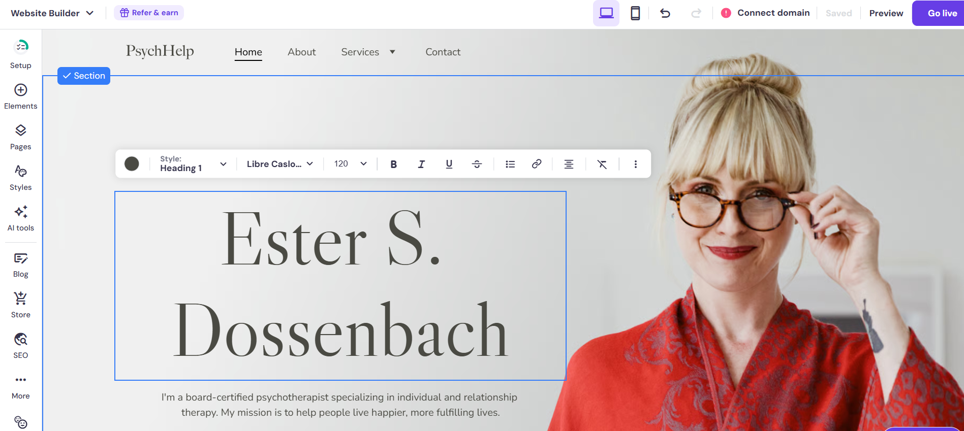 screenshot of Hostinger website editor