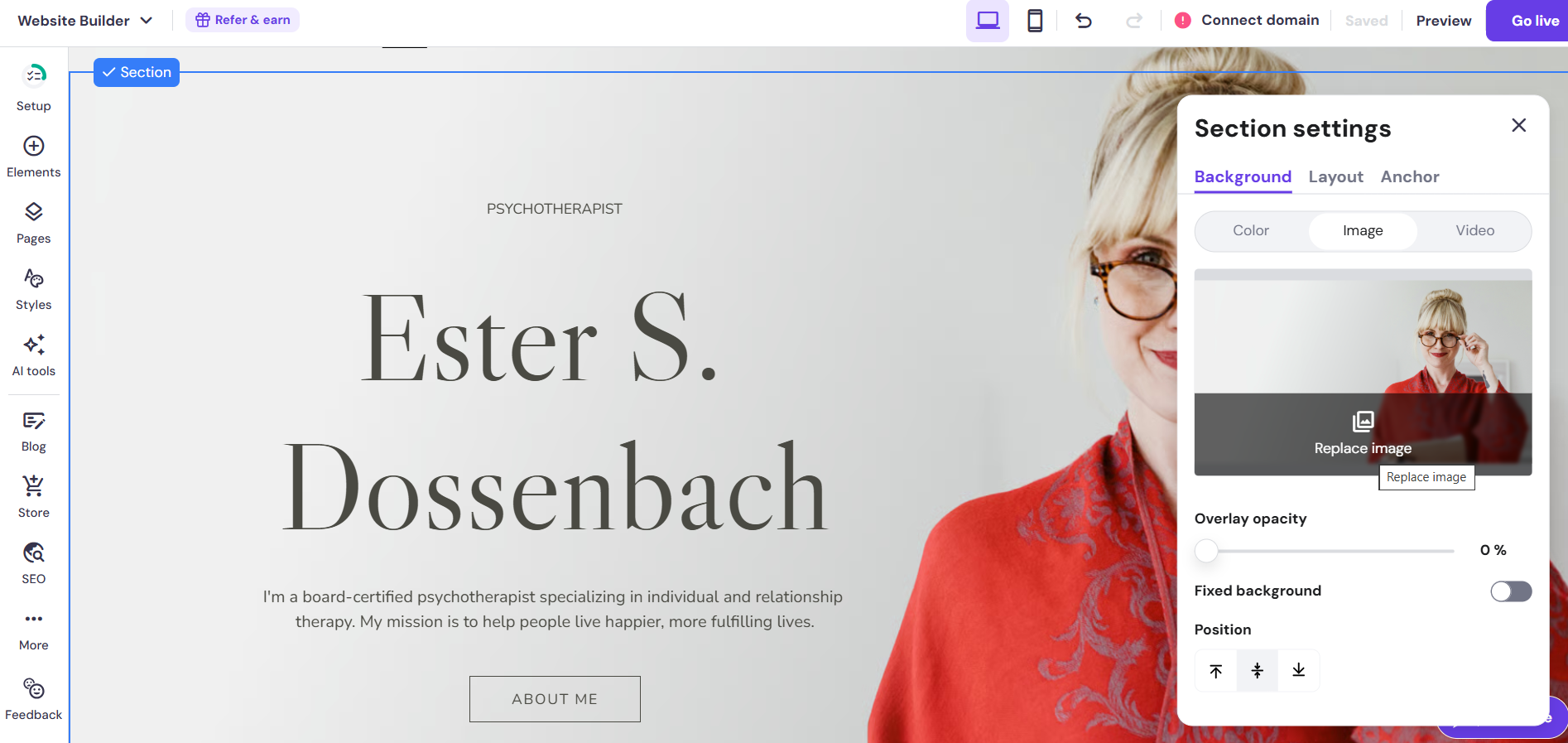 screenshot of Hostinger Section Settings