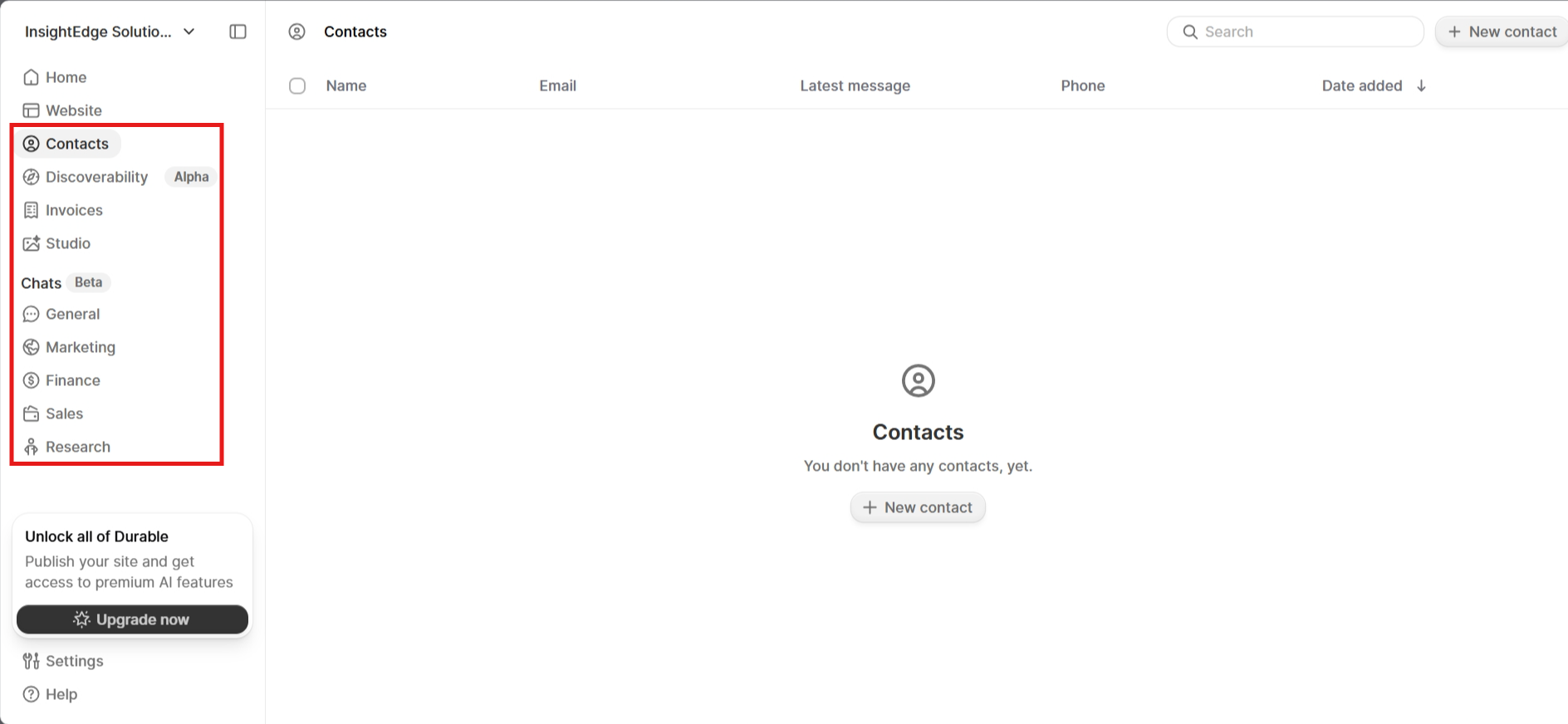 screenshot of Durable left Sidebar menu