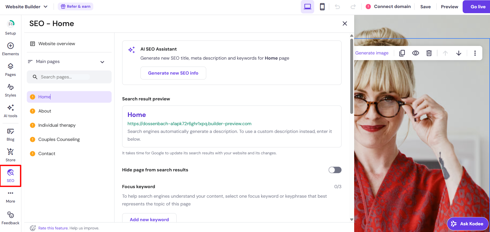 screenshot of Hostinger website builder 'SEO' button