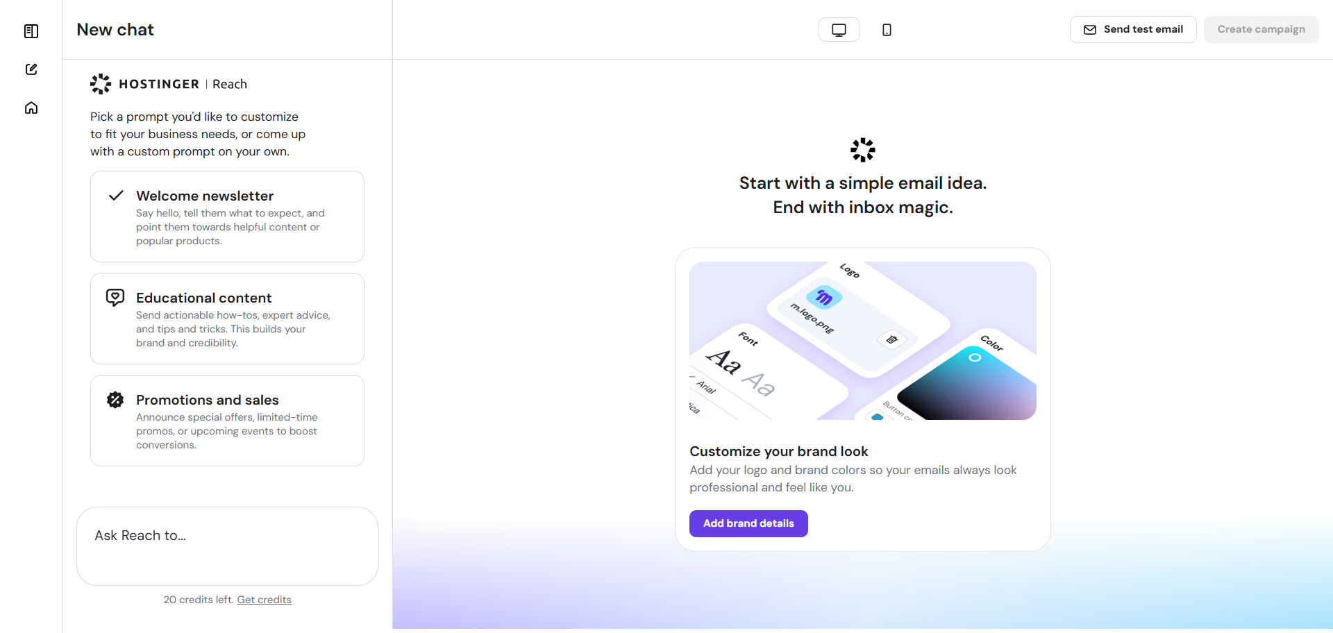 screenshot of Hostinger Reach menu