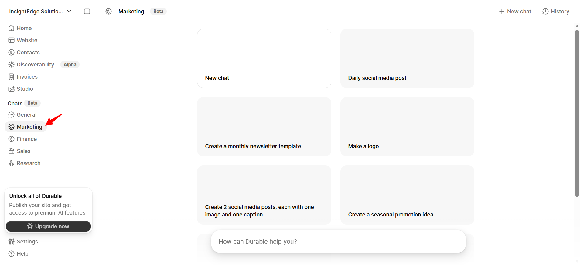screenshot of Durable 'Marketing' button