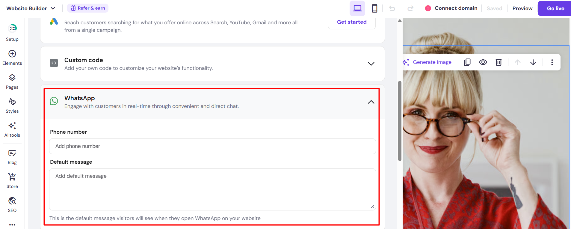 screenshot of Hostinger Website Builder 'WhatsApp' menu