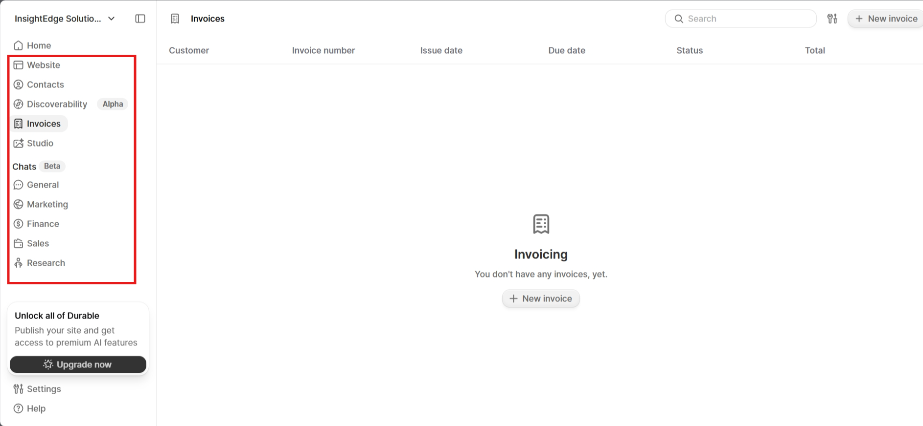 screenshot of Durable Website Builder left sidebar menu