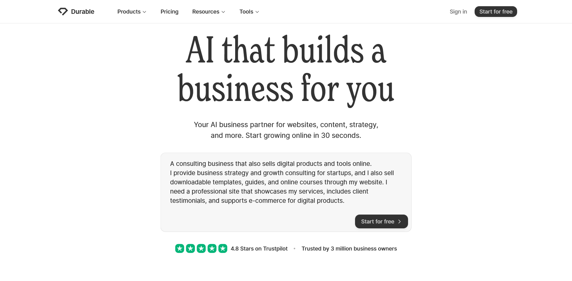 screenshot of Durable Website