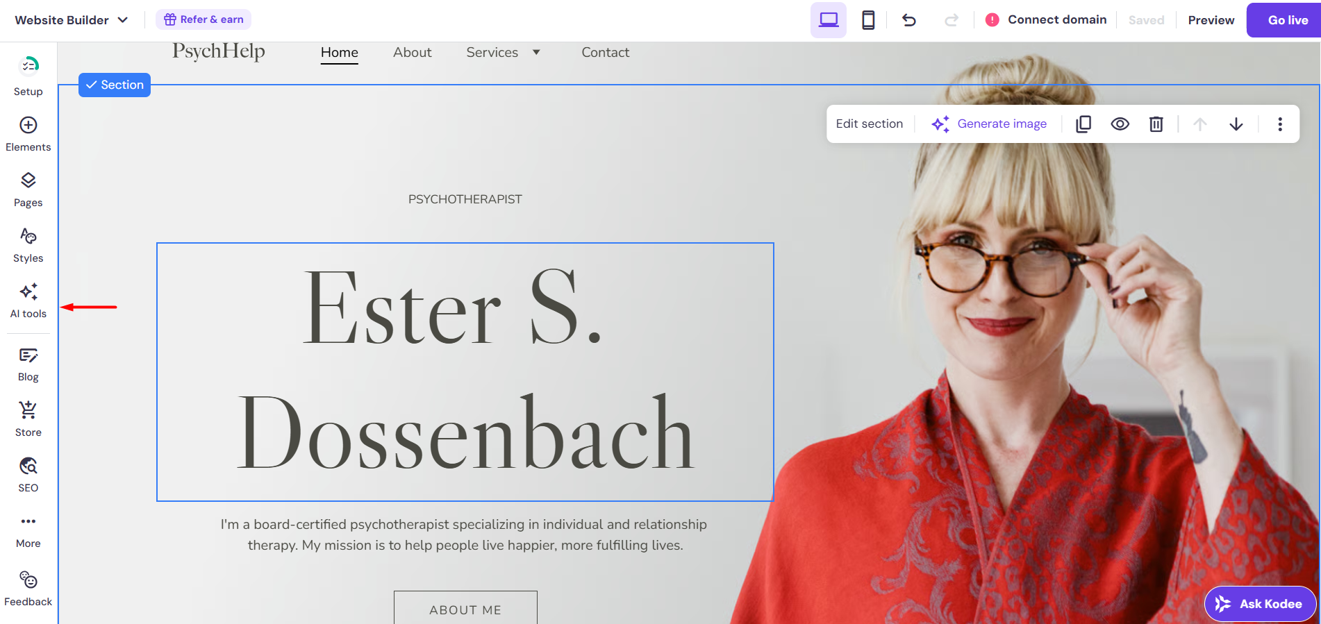 screenshot of Hostinger Website Builder 'AI tools' button