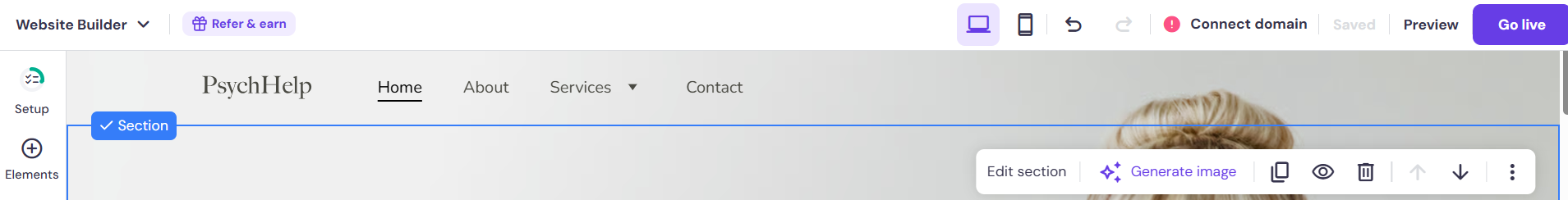 screenshot of Hostinger Website Builder 'AI tools' button