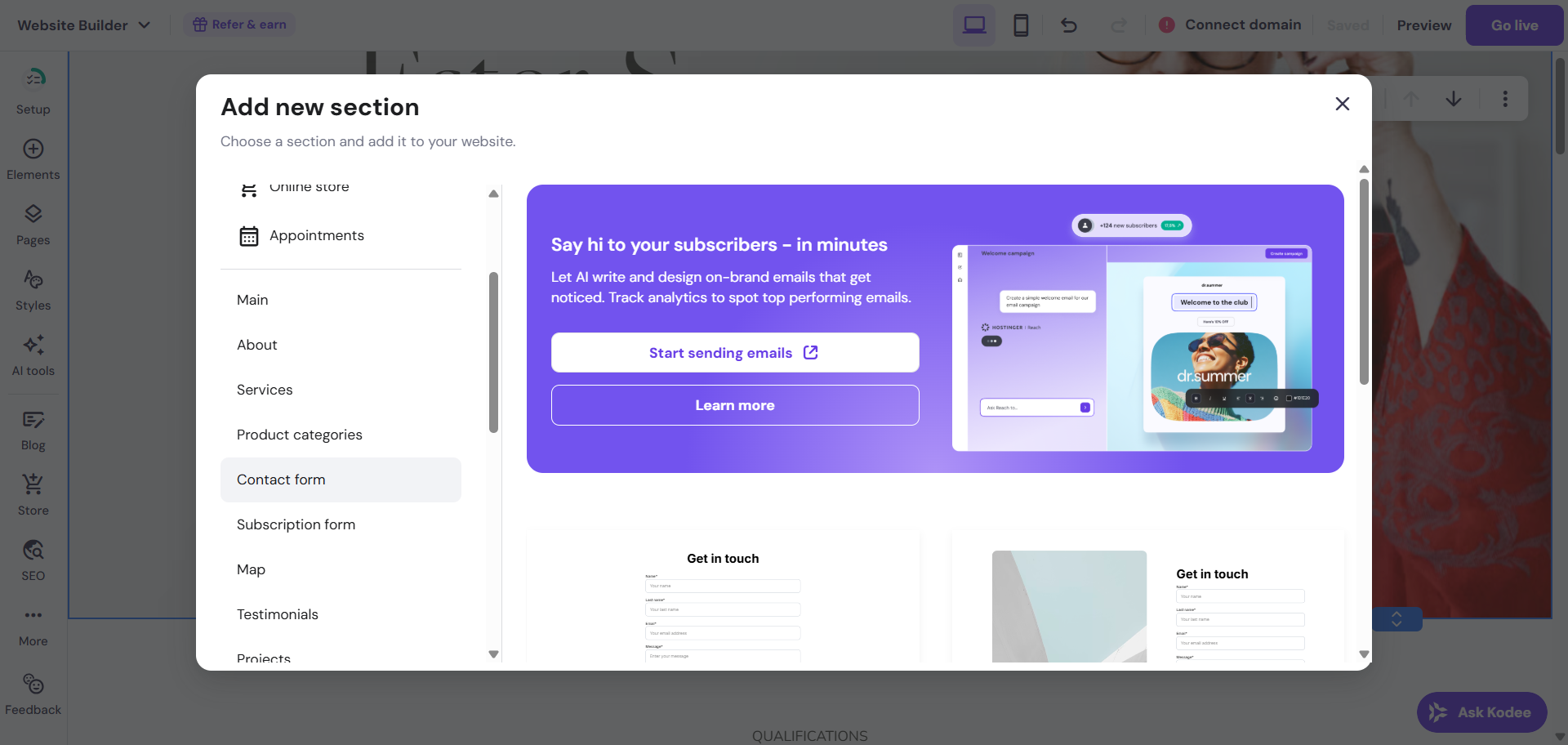 screenshot of the Hostinger 'Add new Section' window