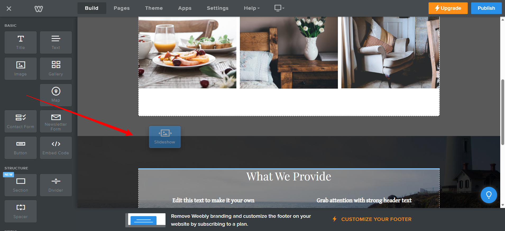 screenshot of the Weebly 'Slideshow' button