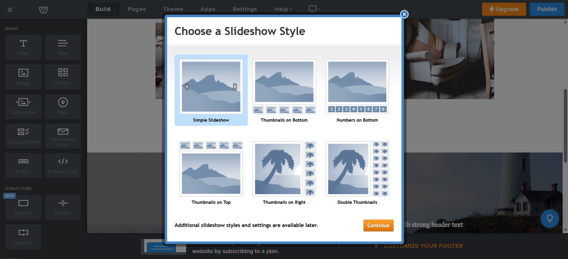 screenshot of the Weebly 'Choose a Slideshow Style' page