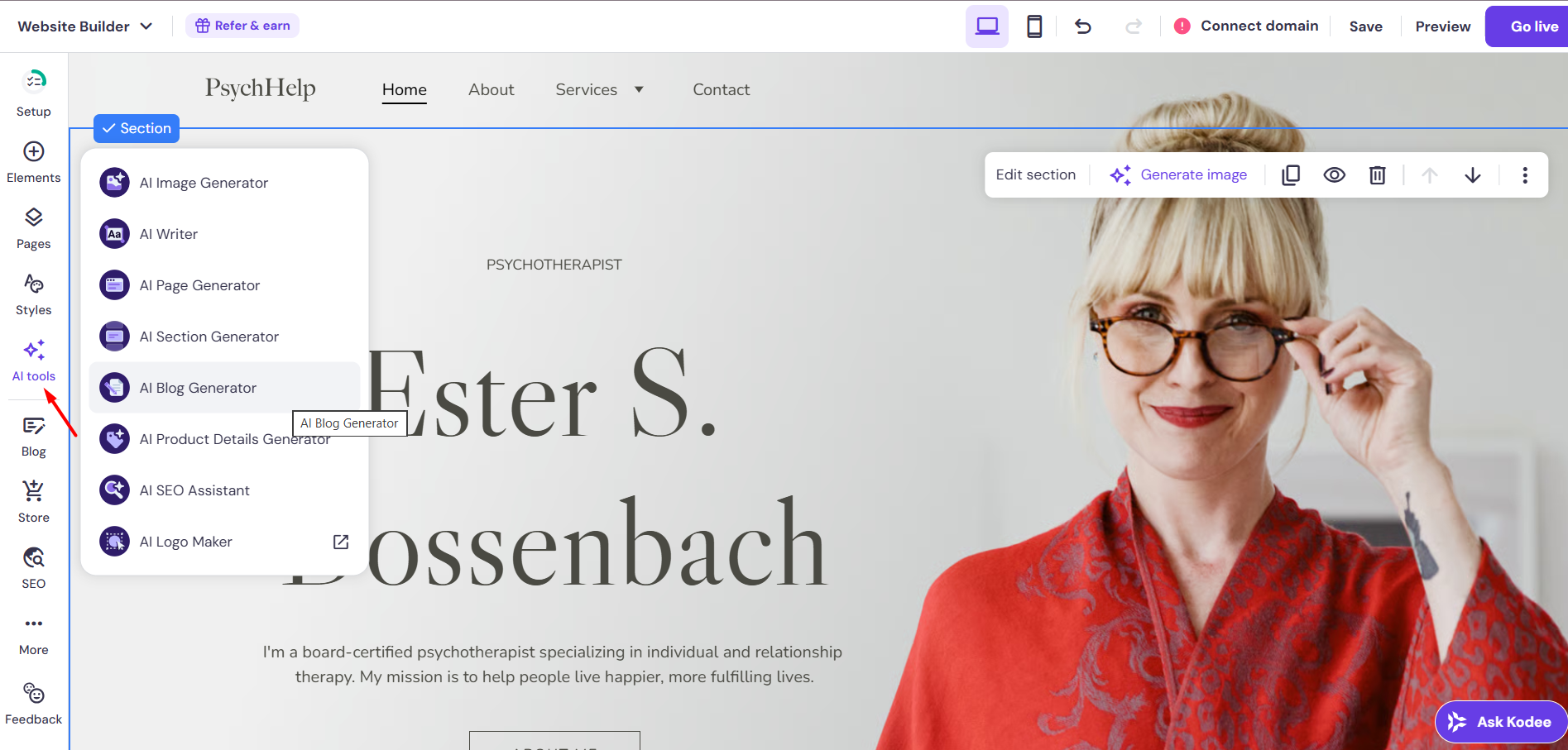 screenshot of Hostinger Website Builder 'AI tools' button