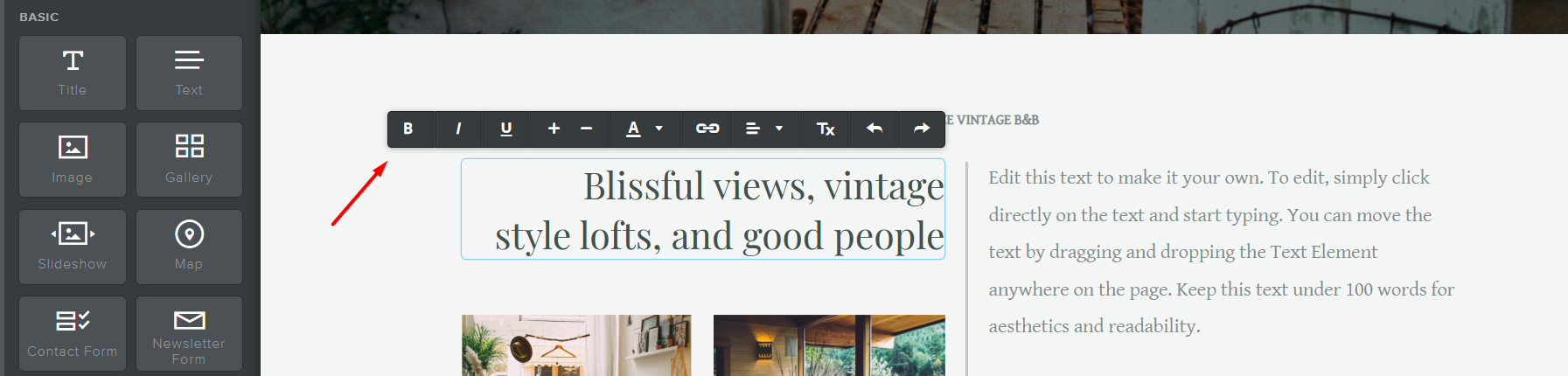 screenshot of the Weebly 'text editor' tab