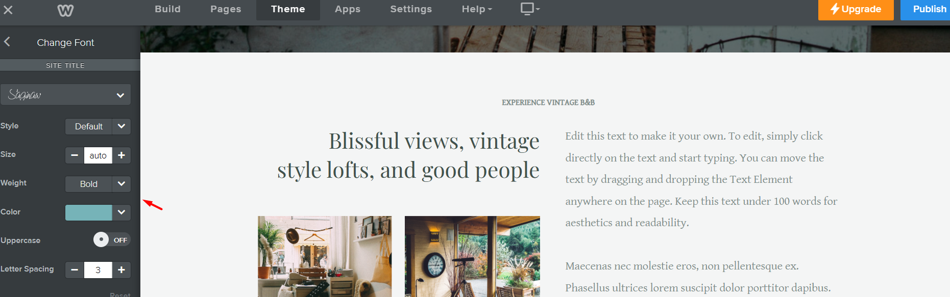 screenshot of the Weebly 'text editor' tab