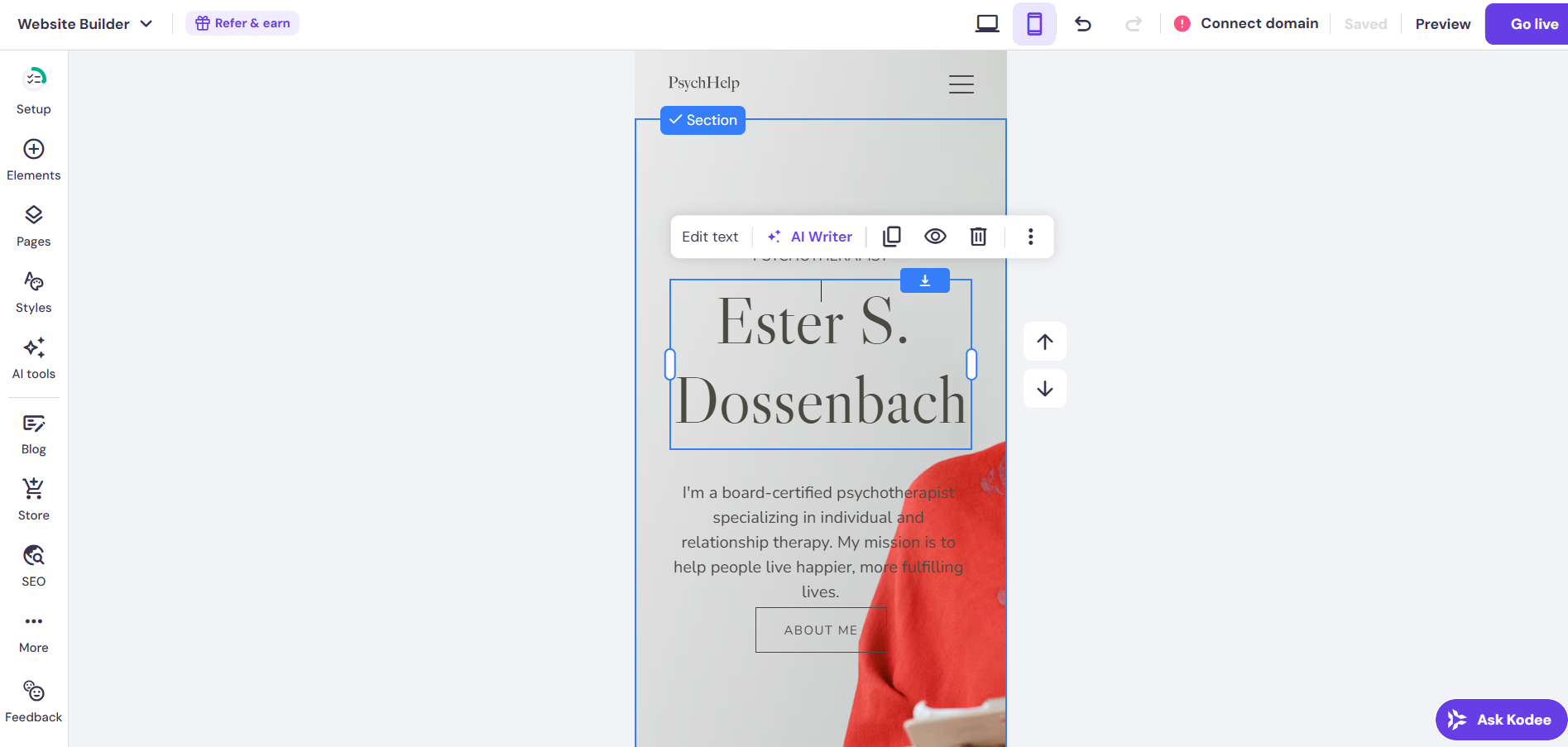 screenshot of the Hostinger Website Builder mobile view