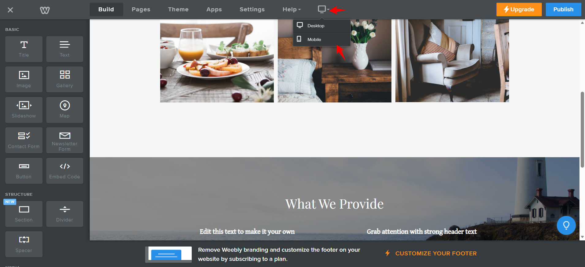 screenshot of the Weebly view by device toggle