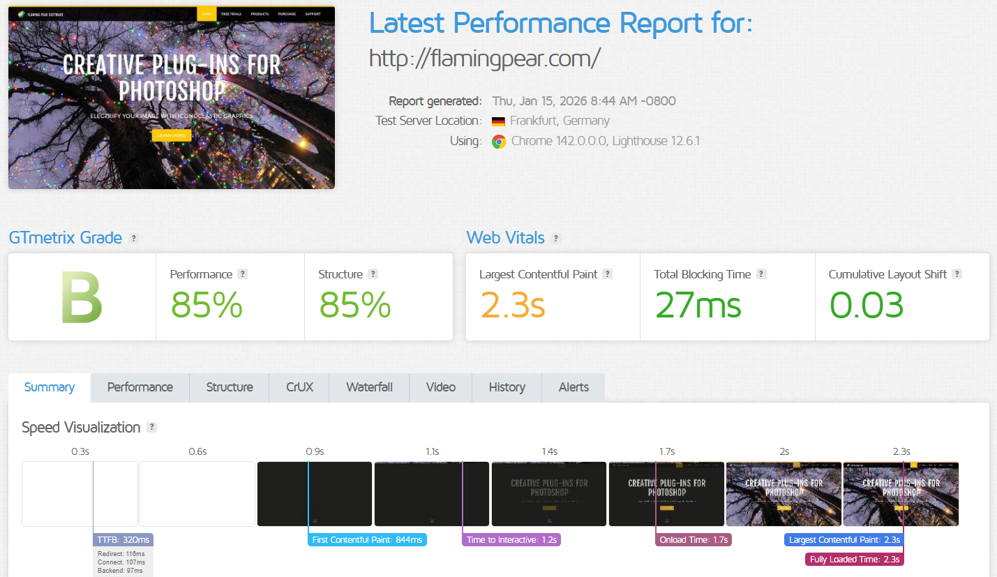 screenshot of Weebly Performance and Reliability test results