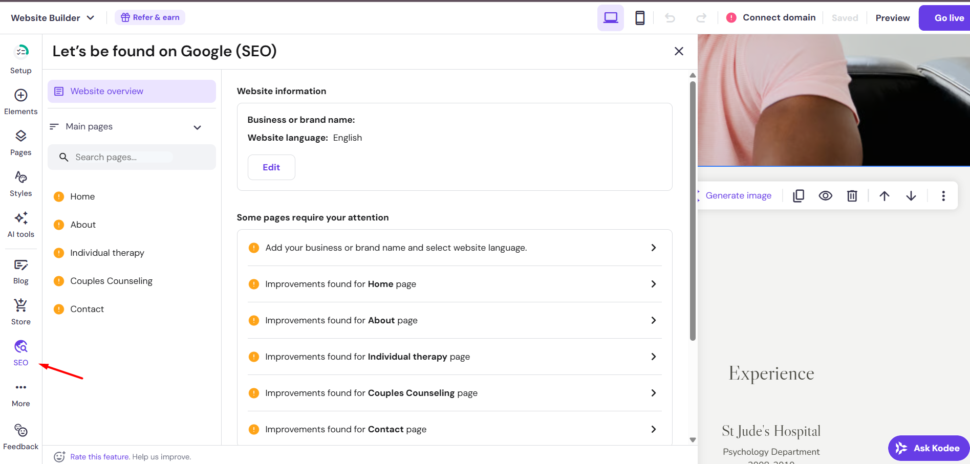 screenshot of Hostinger website builder SEO tab