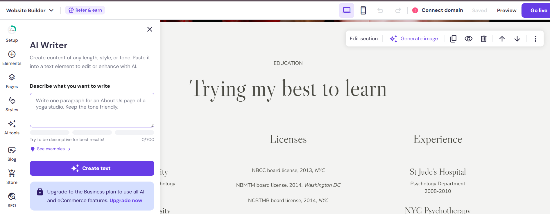 screenshot of Hostinger website builder AI Writer option