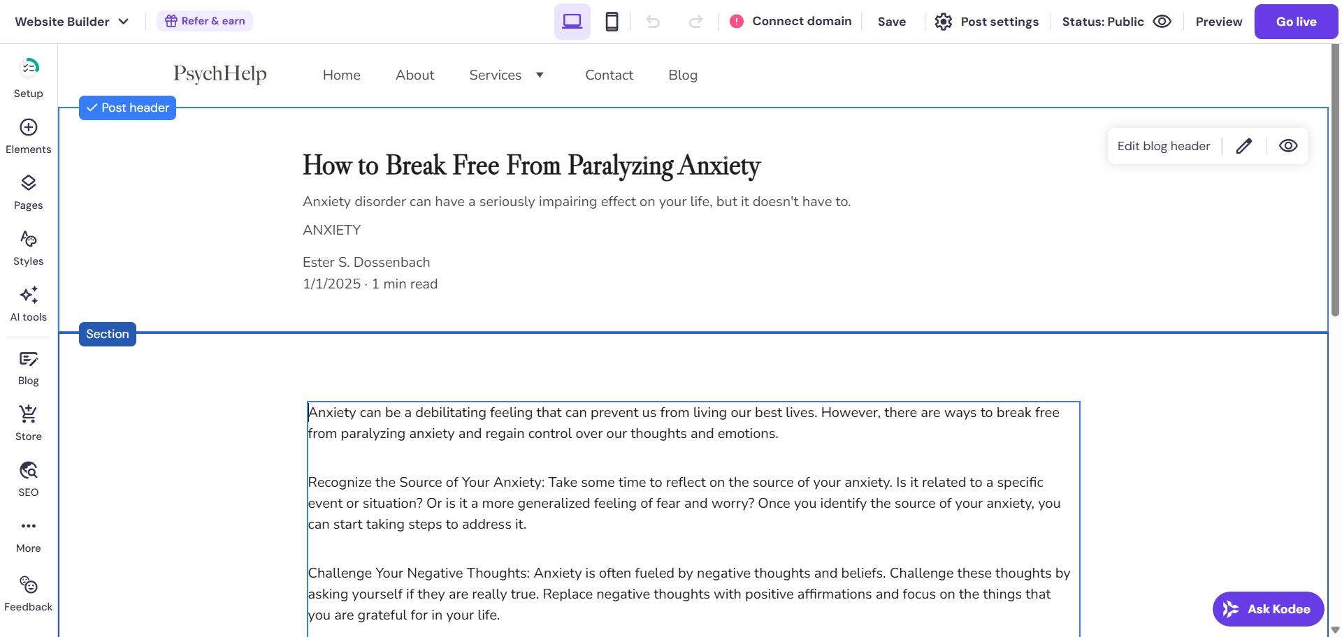 screenshot of Hostinger website builder blog editor