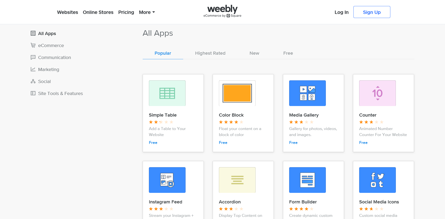 screenshot of Weebly website builder 'All Apps' tab