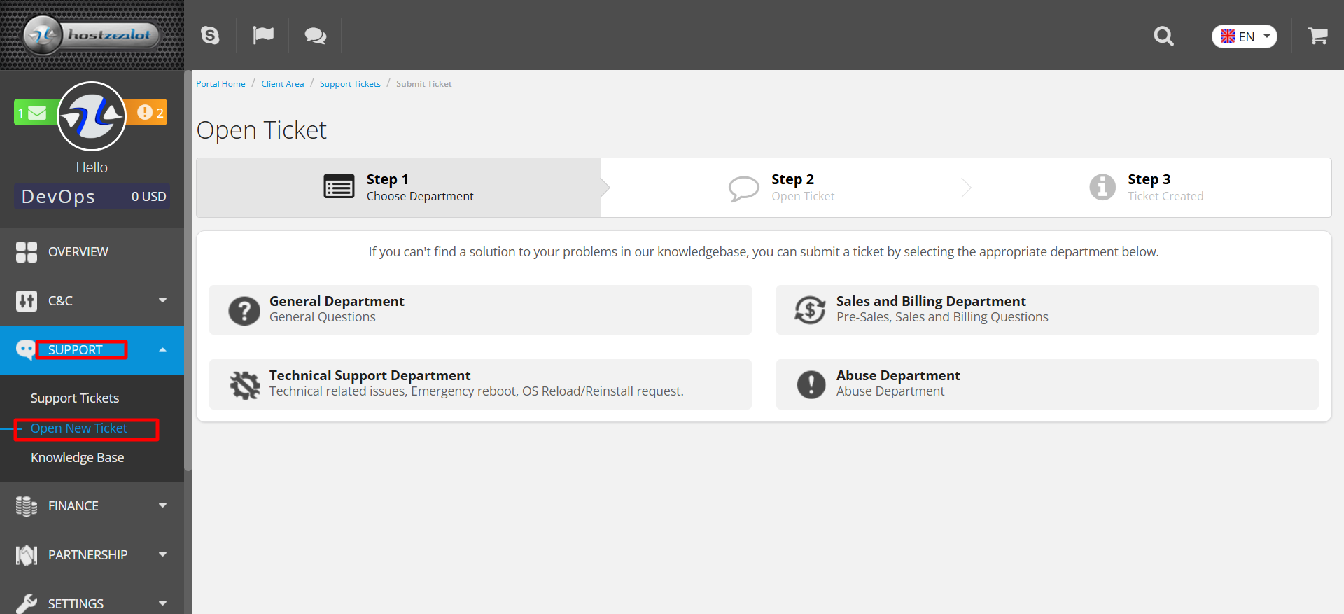 screenshot of HostZealot Dashboard 'Open New Ticket' button