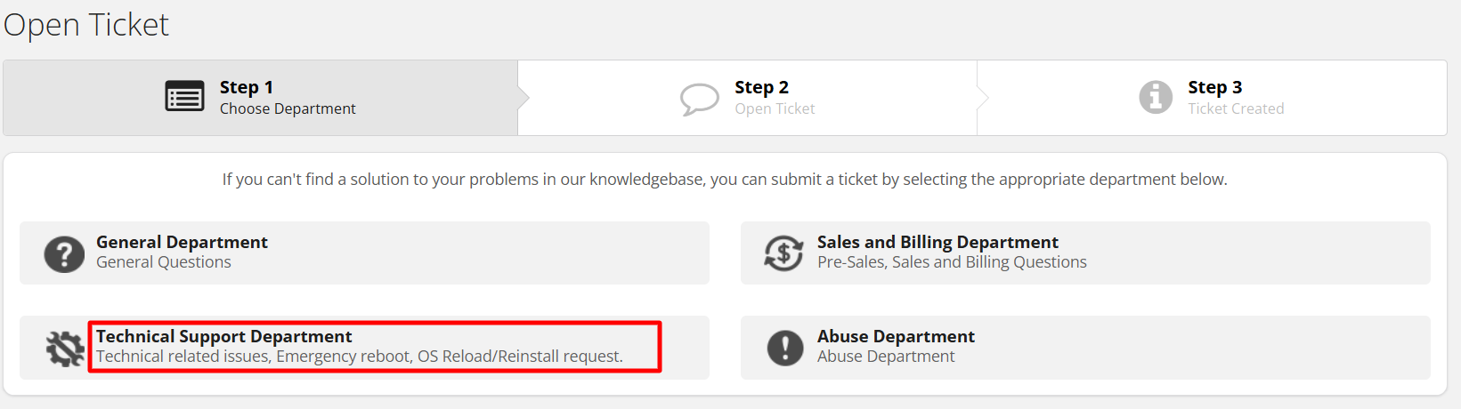 screenshot of HostZealot Tickets menu 'Technical Support Department' button