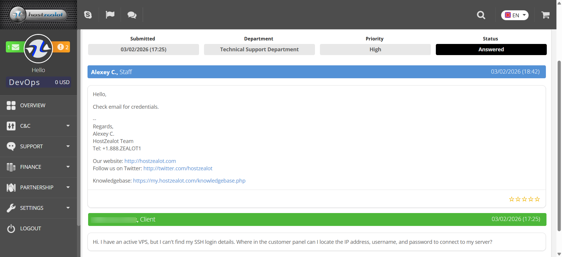screenshot of HostZealot Ticket conversation