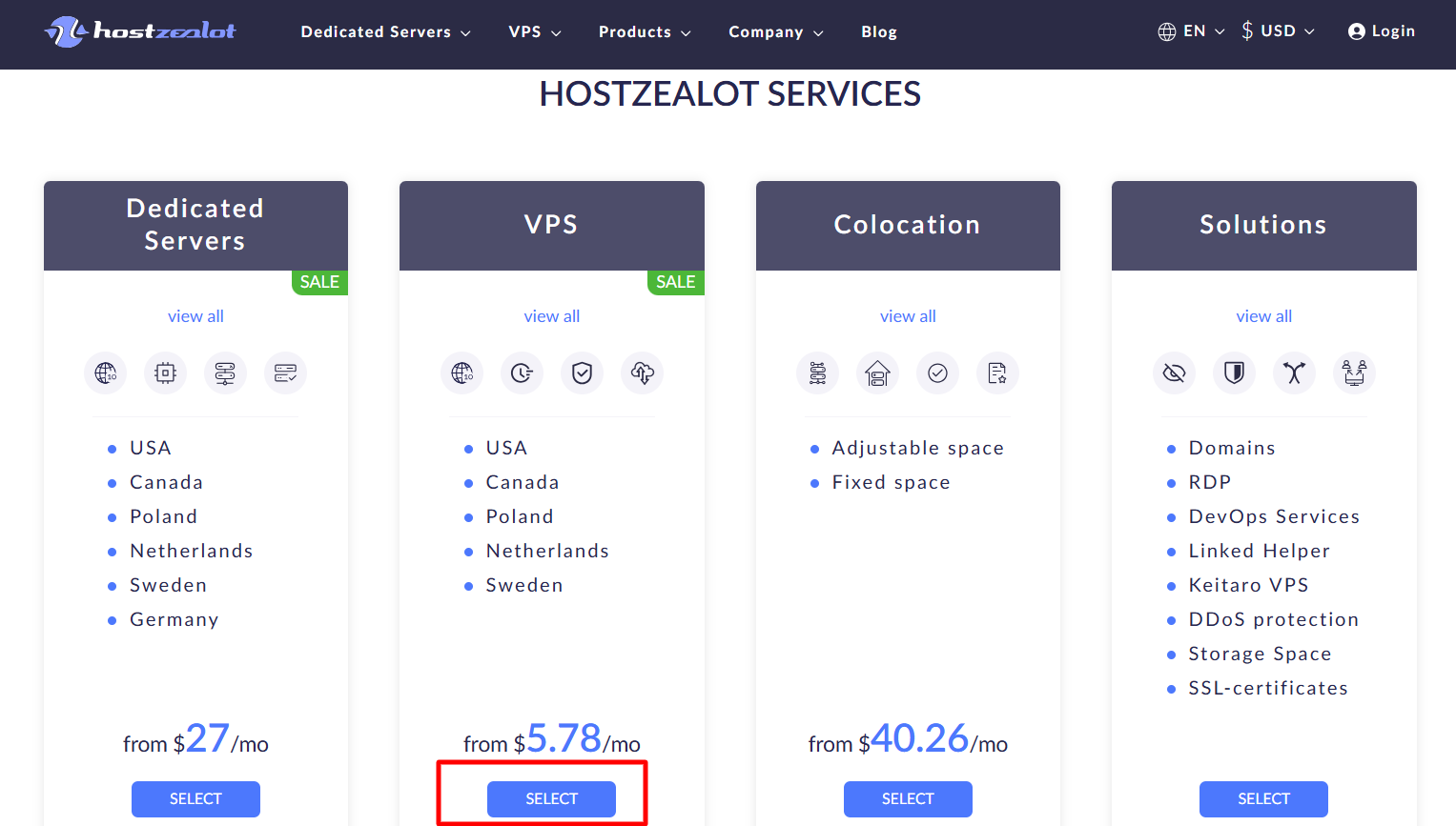 screenshot of HostZealot hosting plans