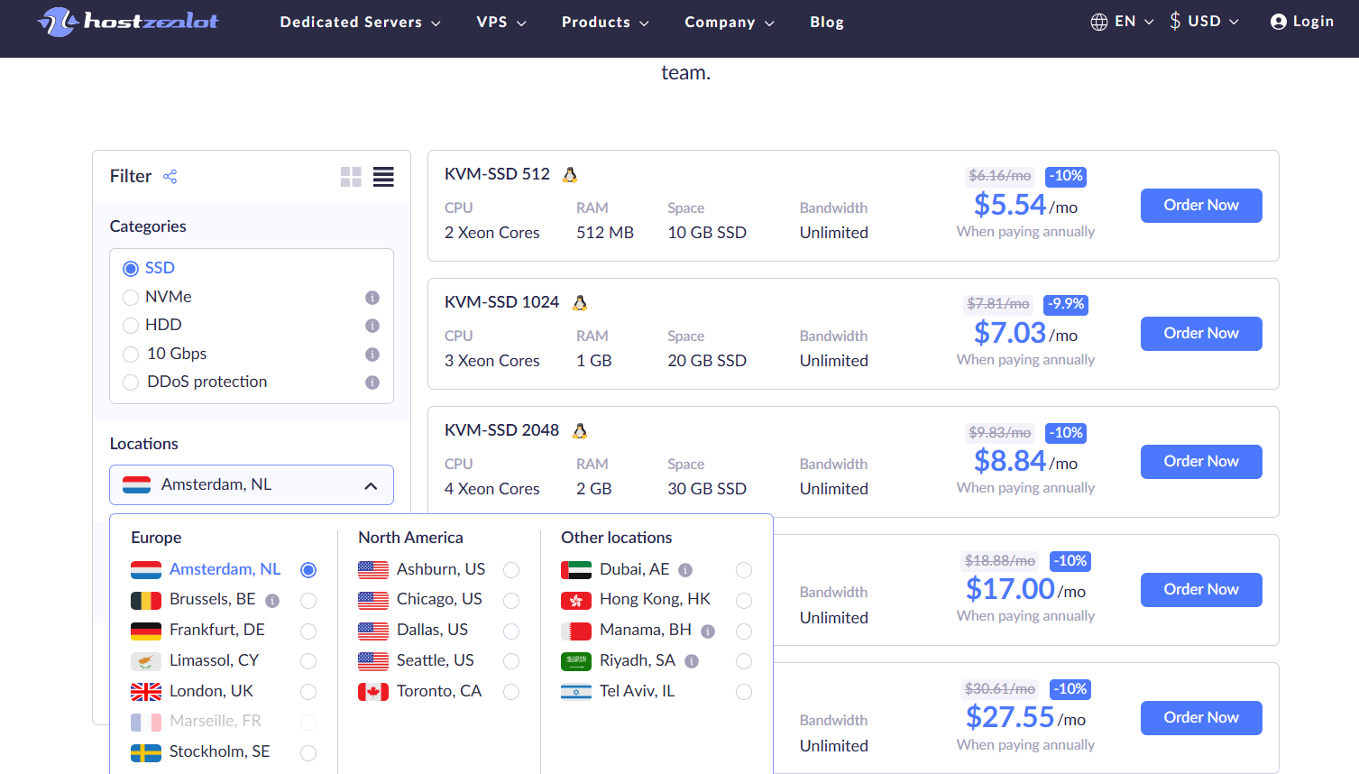 screenshot of HostZealot hosting plan configuration