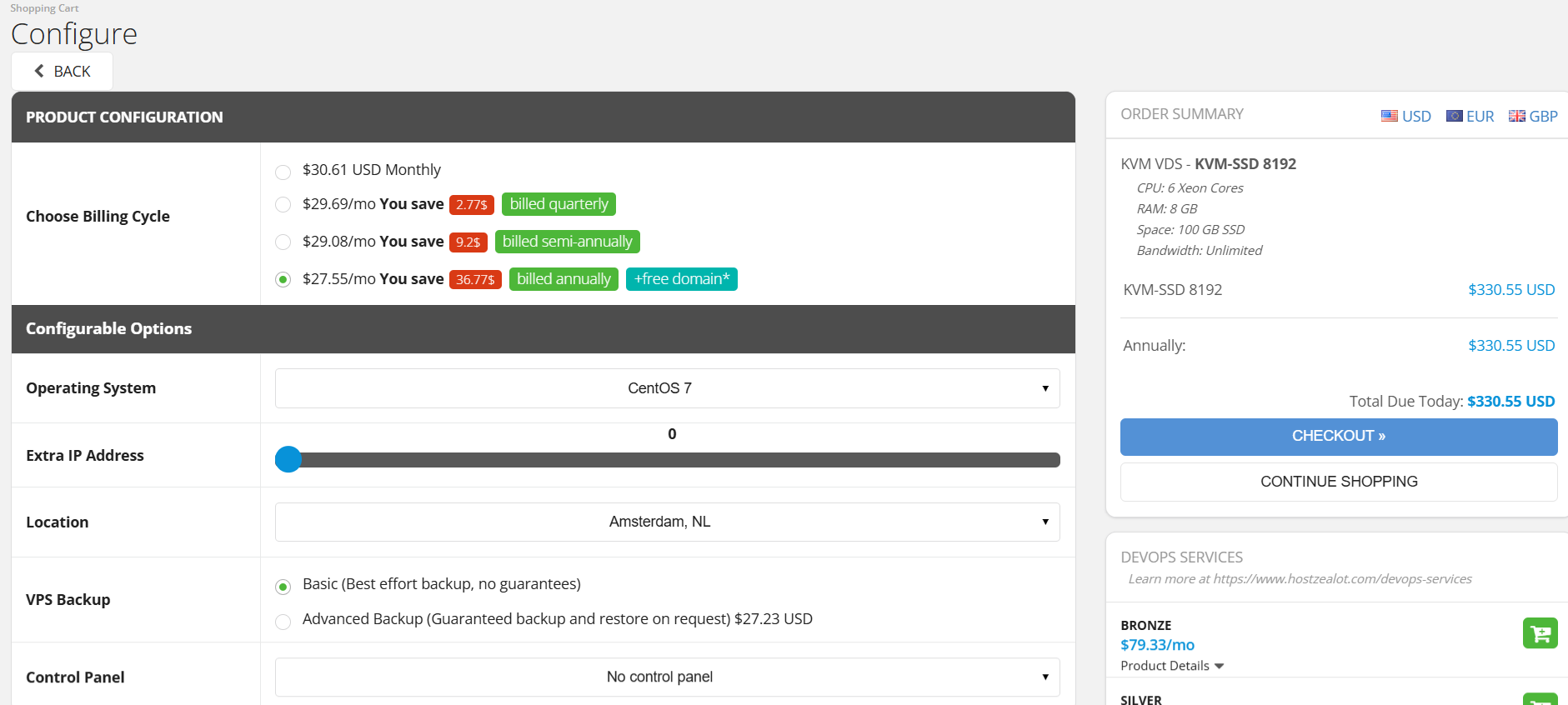 screenshot of HostZealot hosting plan configuration