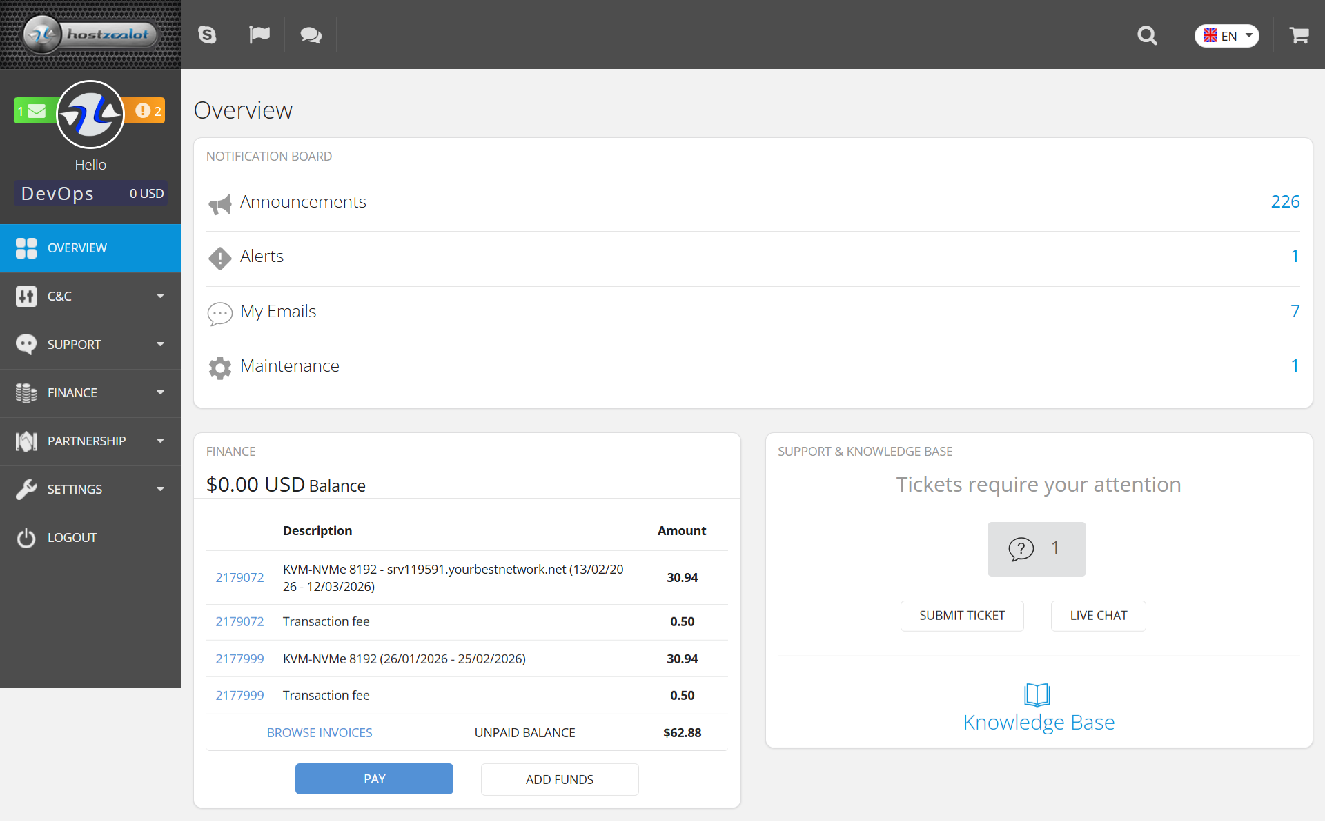 screenshot of HostZealot dashboard