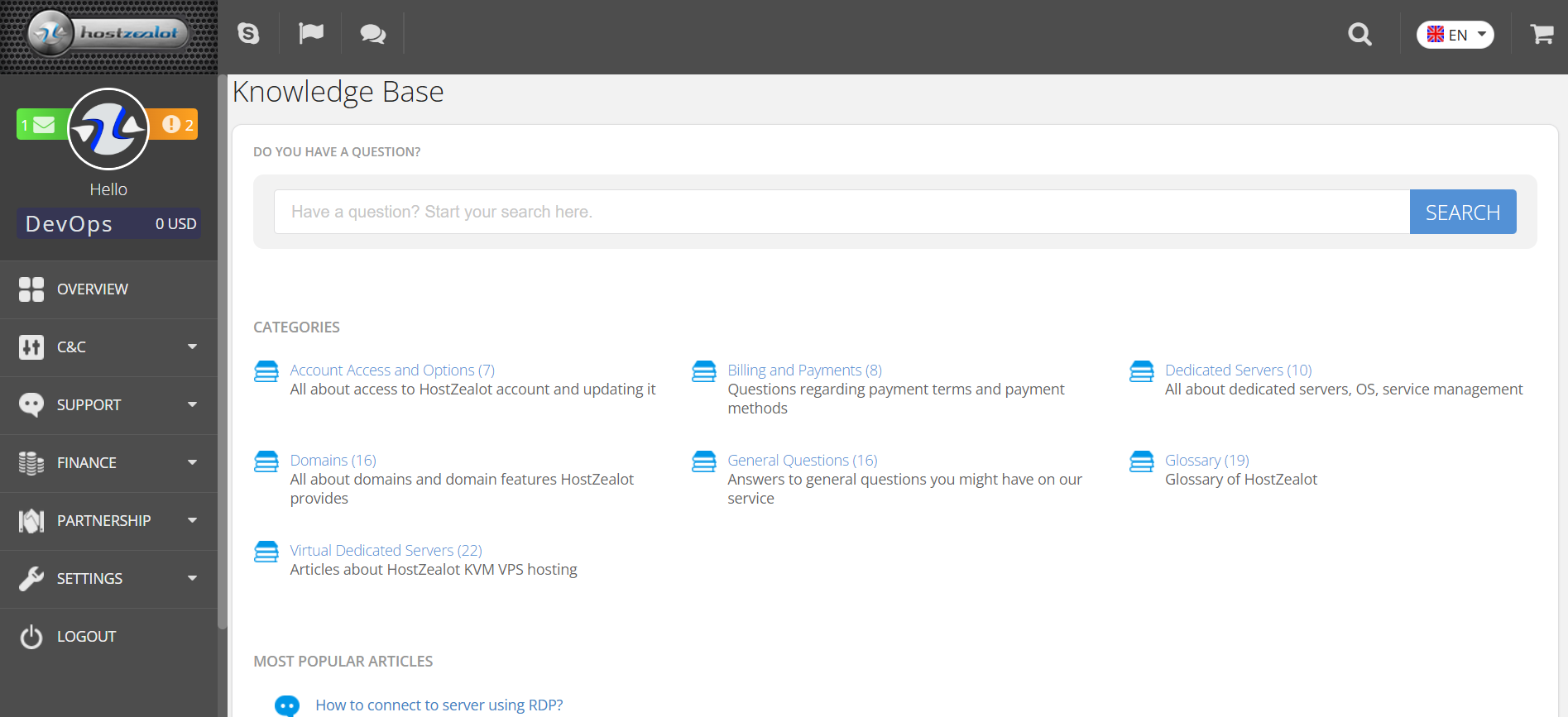 screenshot of HostZealot Knowledge base