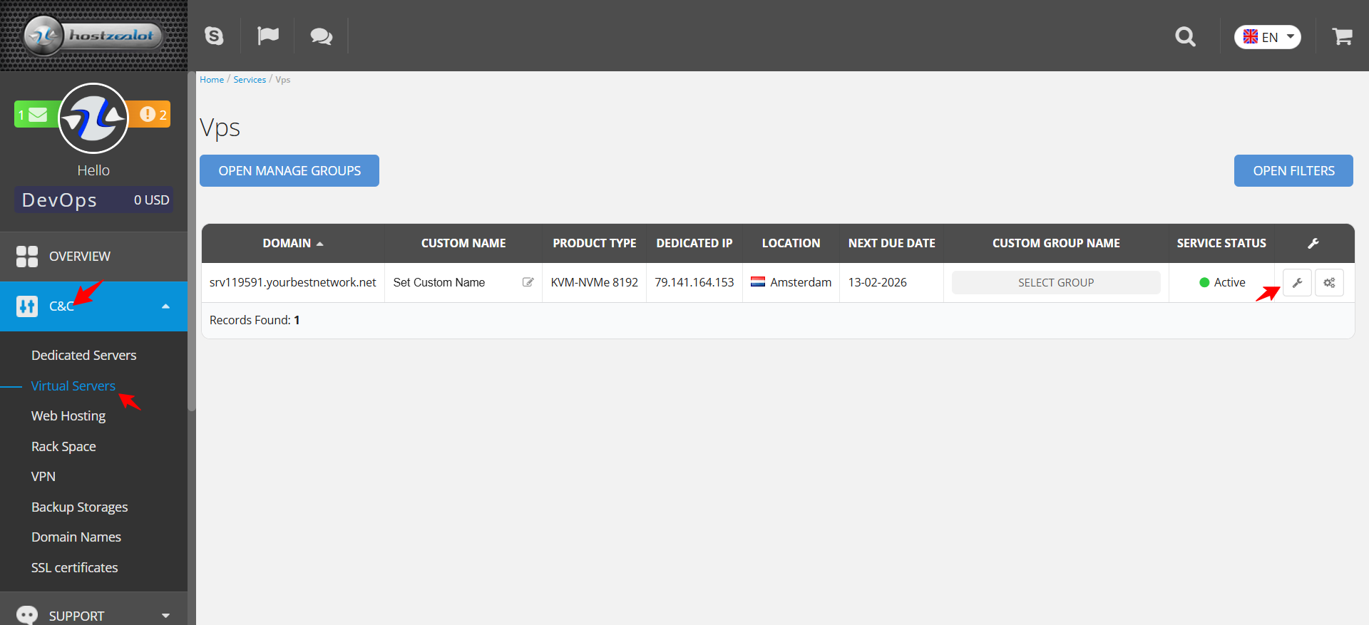 screenshot of HostZealot dashboard 'Virtual Servers' tab