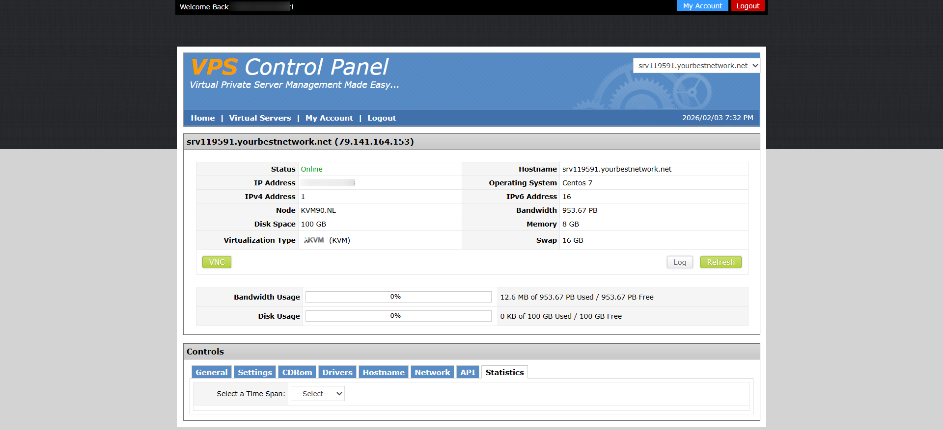 screenshot of HostZealot VPS Control Panel