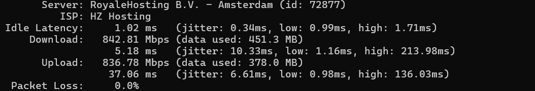 screenshot of HostZealot Network Performance Test result