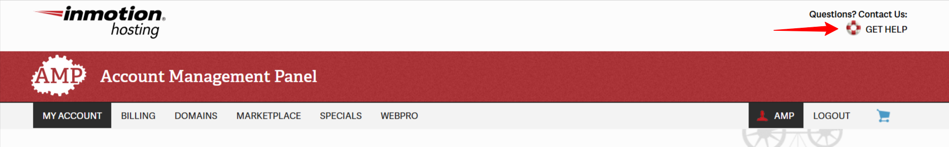 screenshot of Inmotion Hosting website 'Get help' button