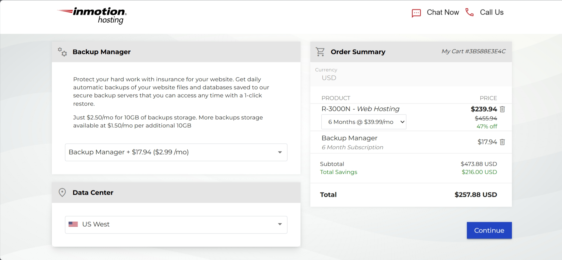 screenshot of InMotion Hosting cart