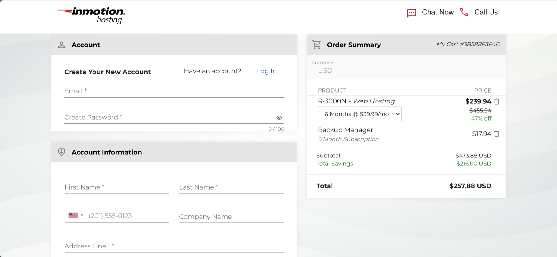 screenshot of InMotion Hosting Sign Up button