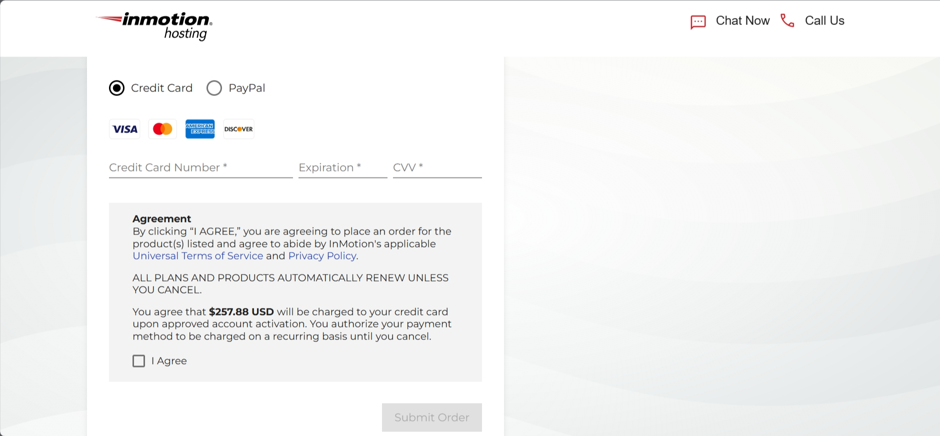 screenshot of InMotion Hosting Payment Methods