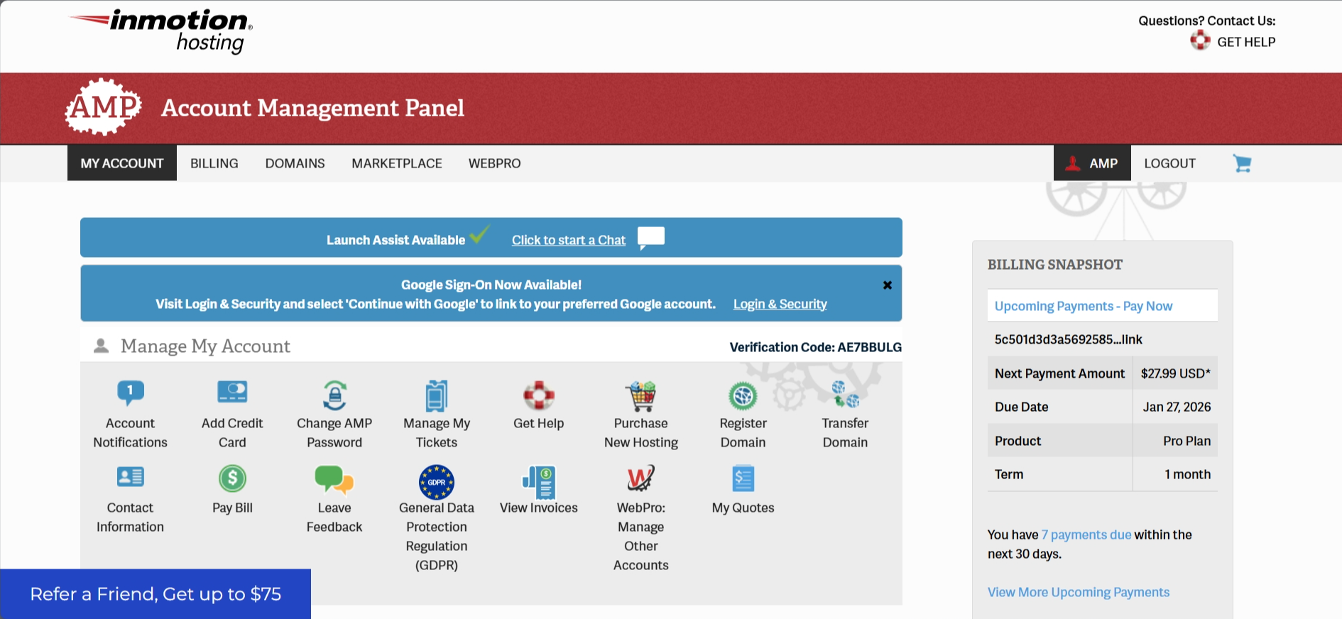 screenshot of InMotion Hosting Account management Panel