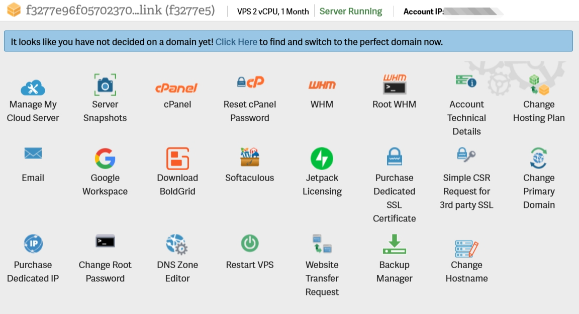 screenshot of InMotion Hosting Account management Panel
