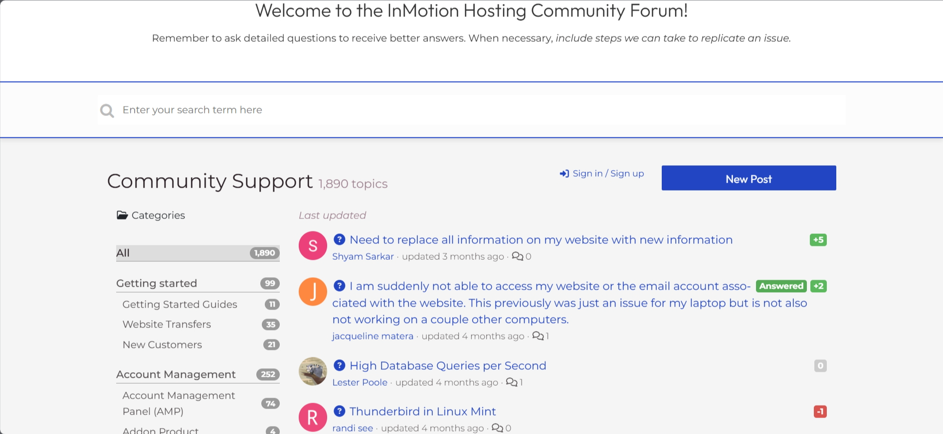 screenshot of InMotion Hosting 'Community Support' page