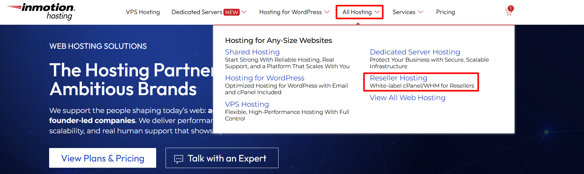 screenshot of InMotion Hosting 'Reseller Hosting' Button