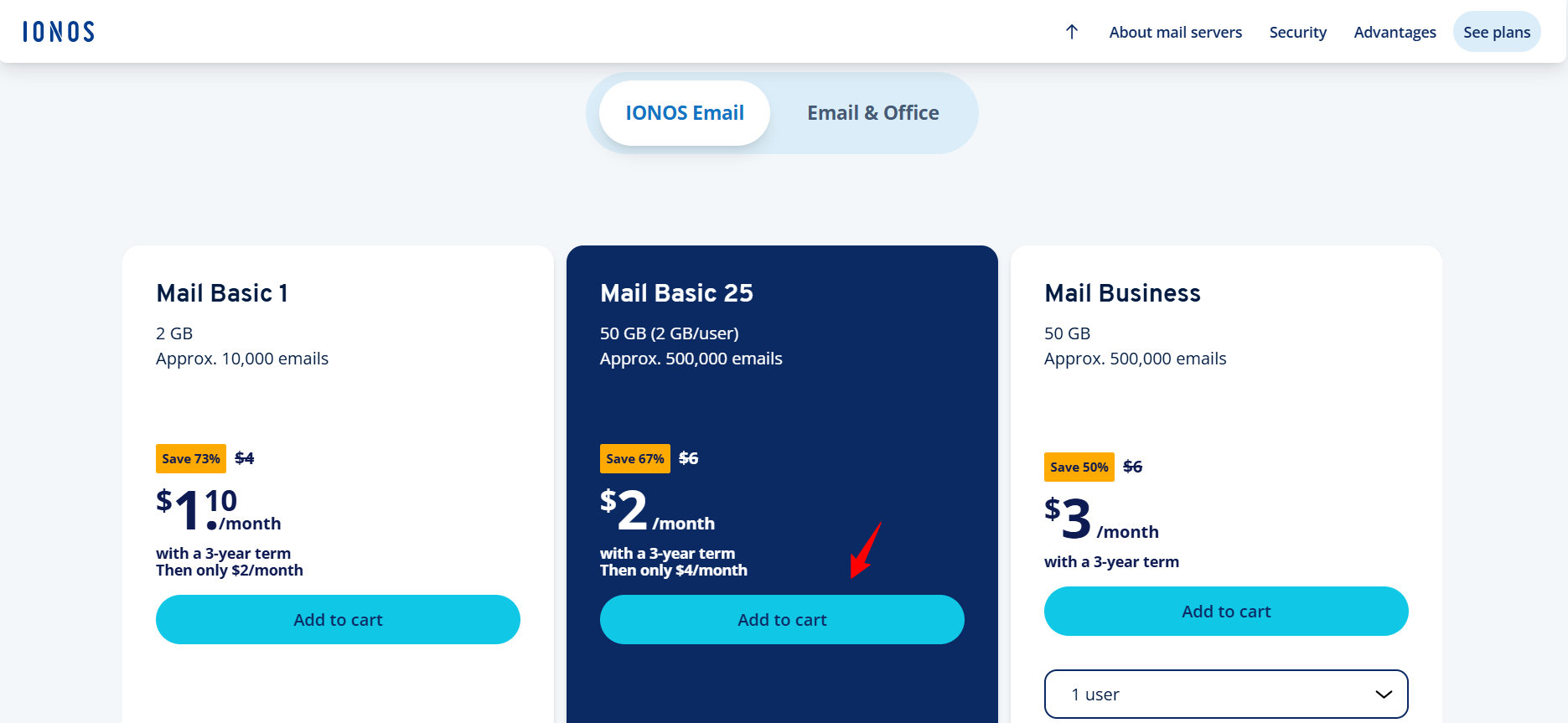 screenshot of IONOS Email hosting plans