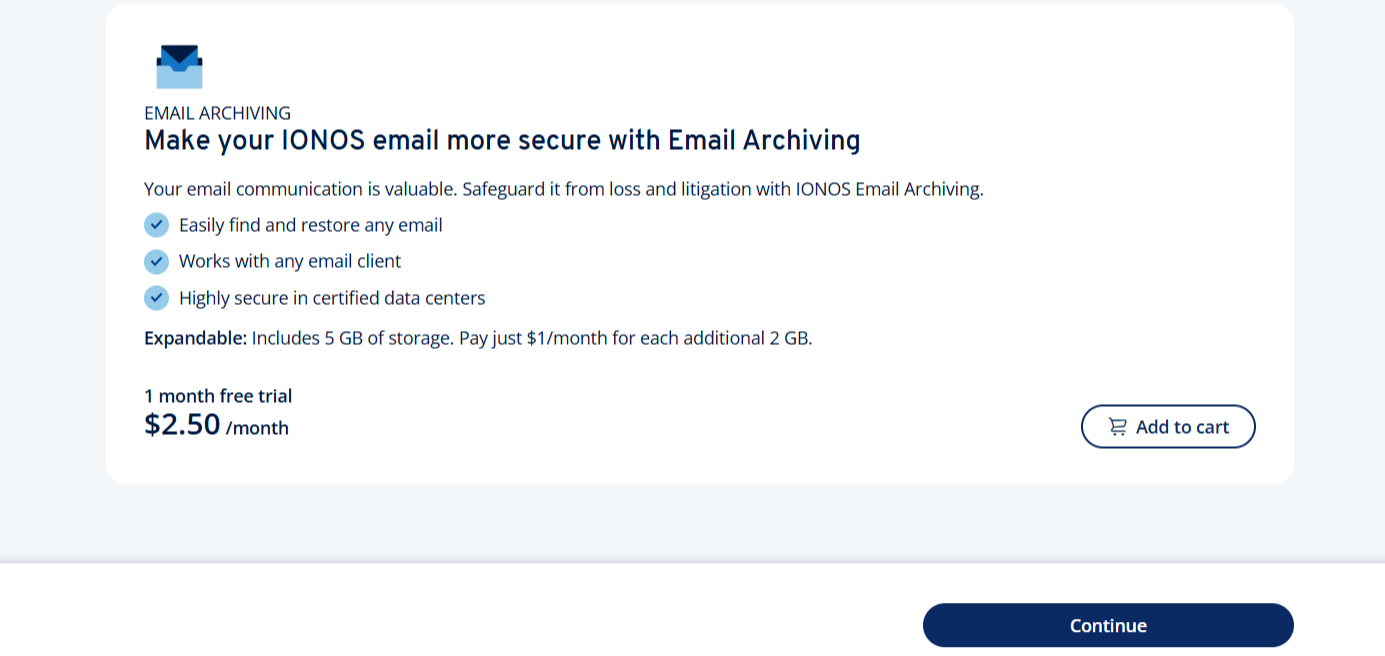 screenshot of IONOS Email Archiving menu