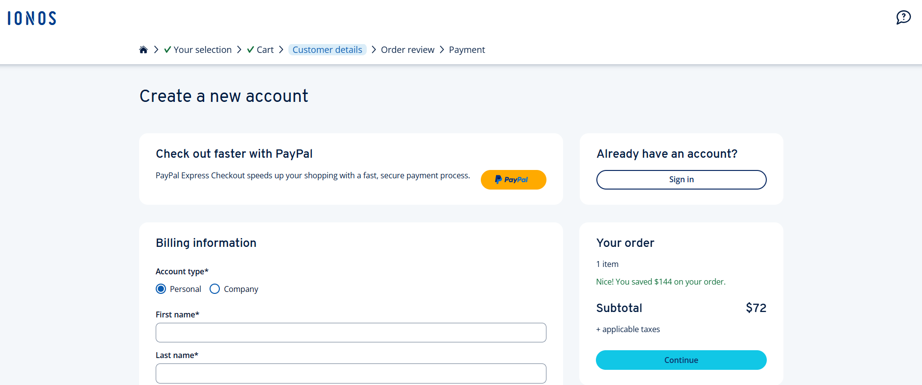 screenshot of IONOS Billing Information