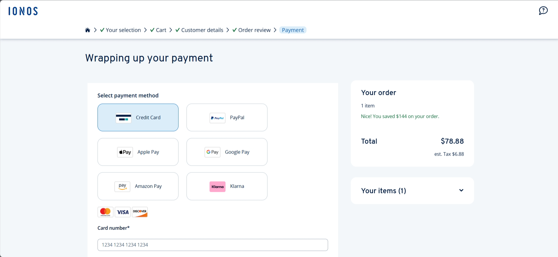 screenshot of IONOS Payment Methods