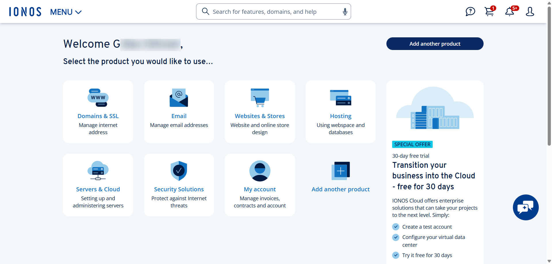 screenshot of IONOS dashboard