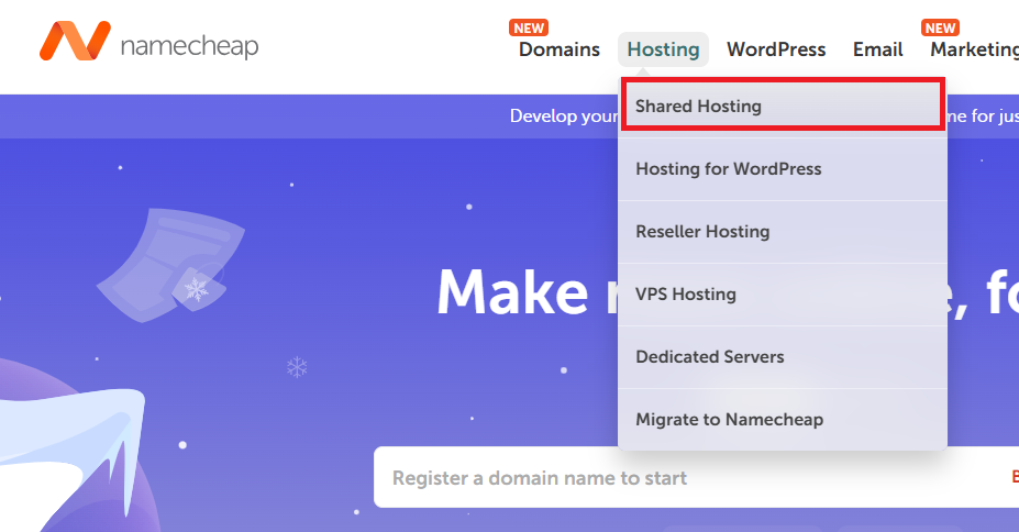 screenshot of Namecheap website with highlighted the 'Shared Hosting' button